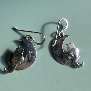 Vintage whimsical cat sitting on crescent moon French hook Sterling earrings